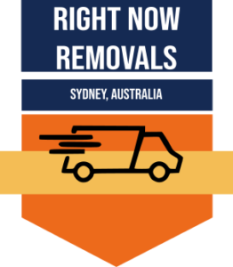 Logo of Right Now Removals, featuring a stylized orange and navy blue moving truck icon with the company name and "Sydney, Australia" beneath.