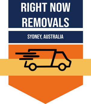 Logo of Right Now Removals, featuring a stylized orange and navy blue moving truck icon with the company name and "Sydney, Australia" beneath.