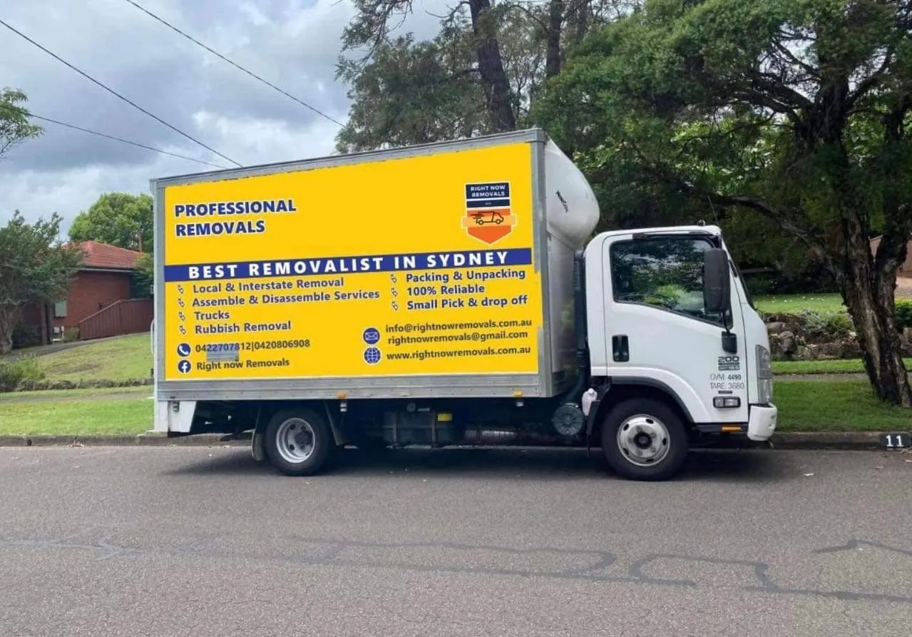 Right Now Removals' branded moving truck parked on a suburban street in Sydney.