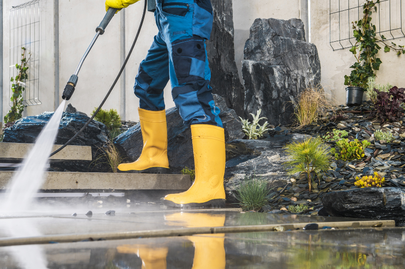 Professional cleaner using a pressure washer to clean an outdoor garden area.