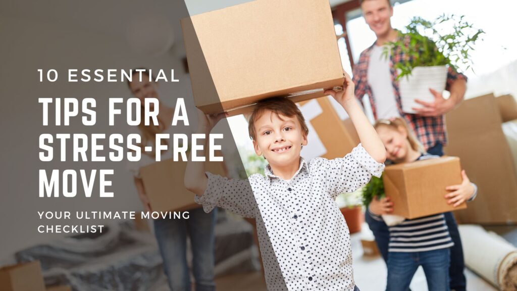 A smiling boy carrying a box during a family move, with text overlay for moving tips.